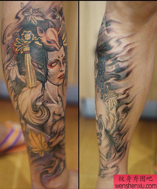 文身秀图吧推荐一幅腿部彩色狐女文身作品