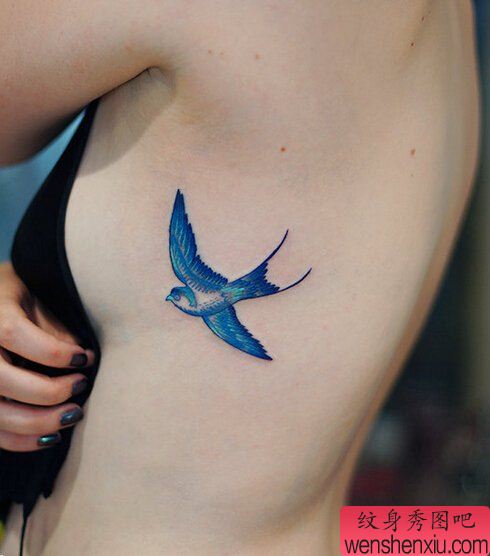 女人腰部蓝色飞燕文身作品