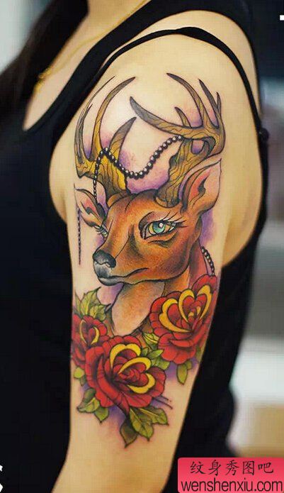女人手臂鹿与玫瑰文身作品