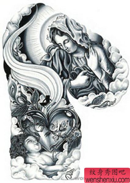 个人收藏的经典欧美半胛圣母宗教纹身手稿大放送图案图片