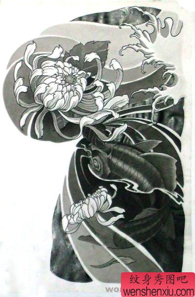 中国传统纹身图案之半胛鲤鱼菊花纹身图案
