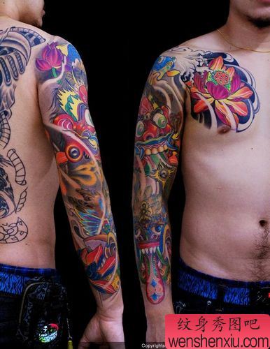 半胛纹身图案：彩色半胛嘎巴拉莲花纹身图案