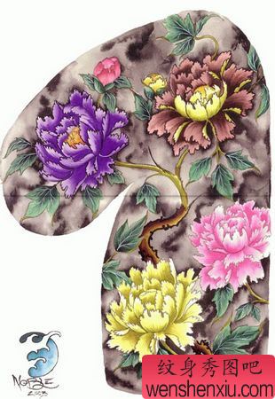 半胛纹身图案：彩色半胛牡丹纹身图案