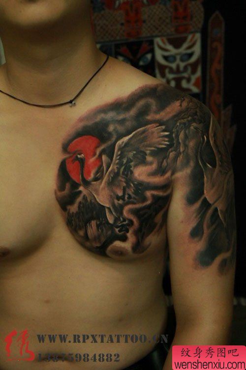 中国纹身作品展示：一幅精美的半胛仙鹤白鹤纹身图案