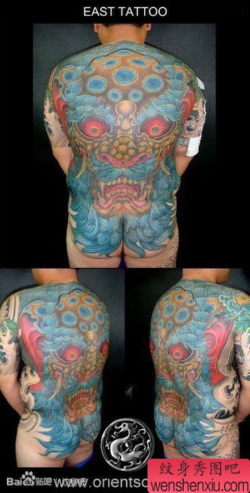 男性背部超帅的满背唐狮纹身图案