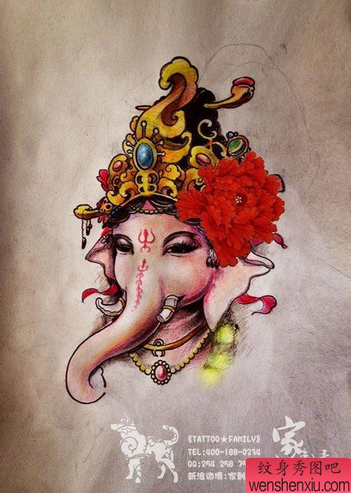 一幅唯美时尚的象神纹身手稿