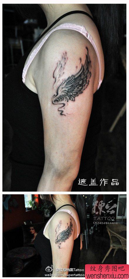 手臂唯美时尚的黑灰翅膀纹身图案