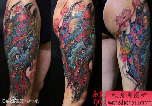 男性腿部帅气经典的彩色龙纹身图案