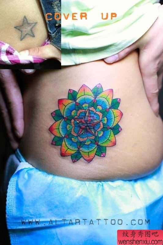 美女腰部唯美漂亮的五角星花卉纹身图案