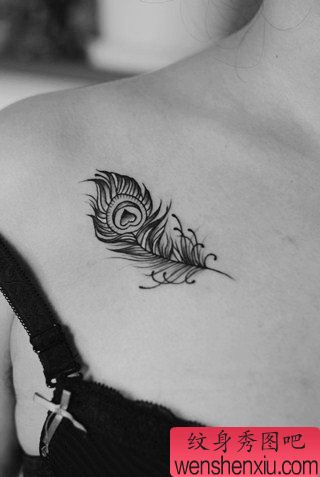 唯美的女生胸前羽毛纹身图案