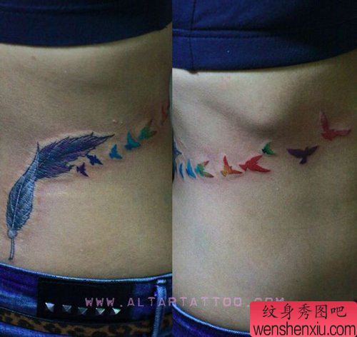 美女侧腰漂亮精美的彩色羽毛与小鸟纹身图案