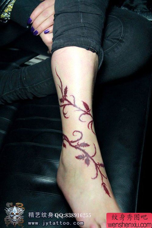 美女脚踝到脚腕流行的藤蔓纹身图案