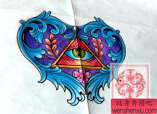 一幅漂亮精美的爱心与眼睛纹身手稿