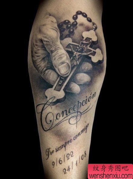 腿部经典欧美写实十字架纹身图案