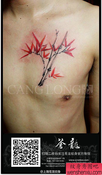 男性前胸超帅的黑灰竹子纹身图案