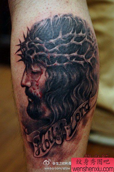腿部经典超酷的耶稣头像纹身图案