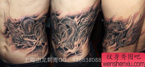 男性侧腰流行很酷的龙纹身图案