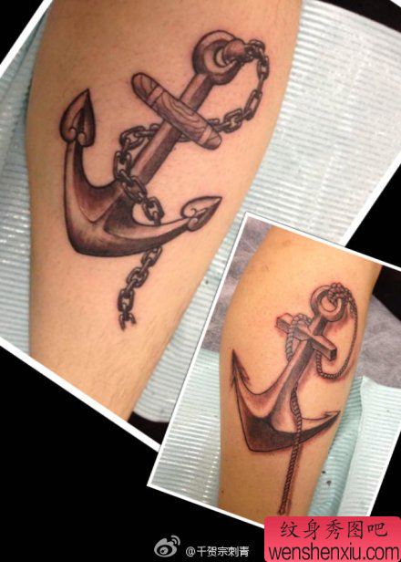 腿部唯美流行的情侣船锚纹身图案