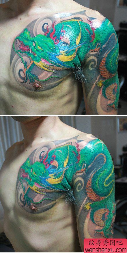 男性手臂到前胸超酷的彩色披肩龙纹身图案