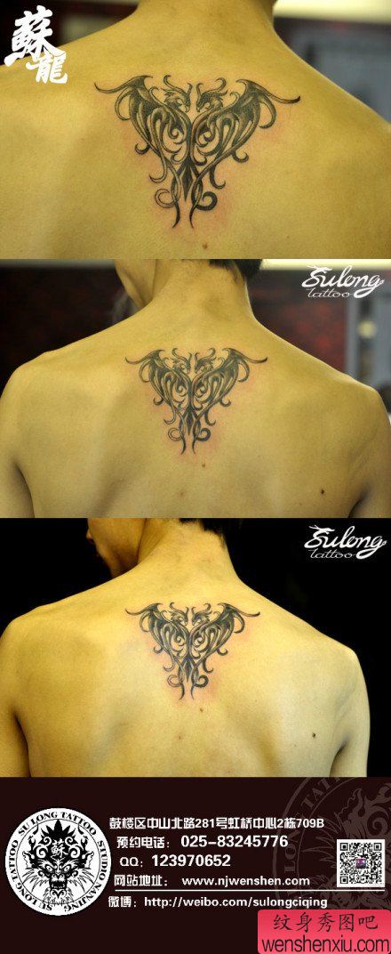 男生后背一幅凤凰传奇纹身图案