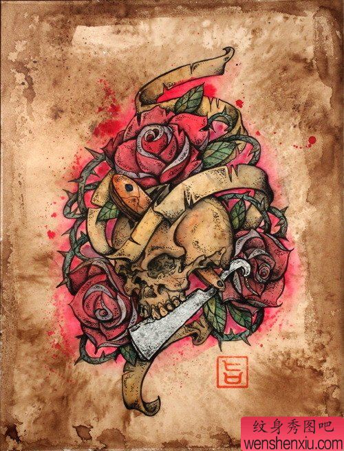 流行精美的new school骷髅玫瑰花纹身图案