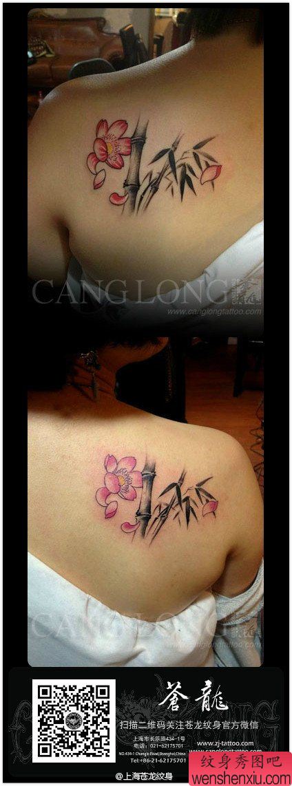 美女后背唯美清晰的竹子纹身图案