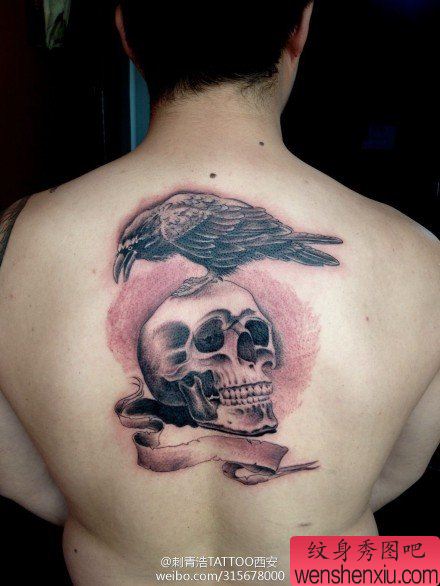 男性后背经典时尚的敢死队骷髅乌鸦纹身图案
