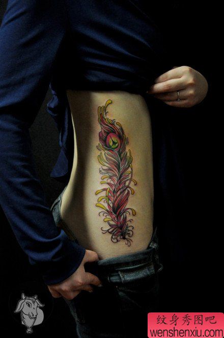 美女侧腰漂亮时尚的羽毛纹身图案