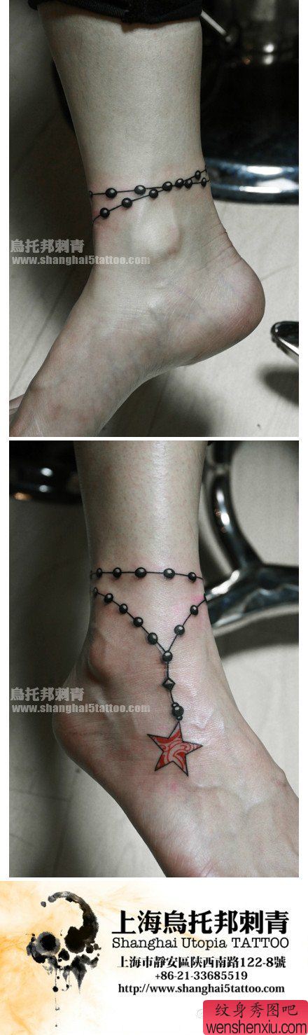 女生腿部简单清晰脚链纹身图案