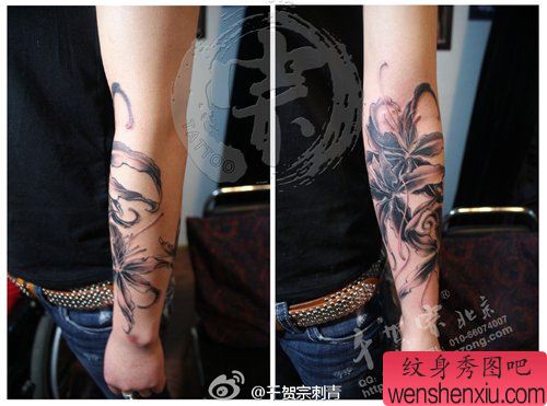 男生手臂流行时尚的彼岸花纹身图案