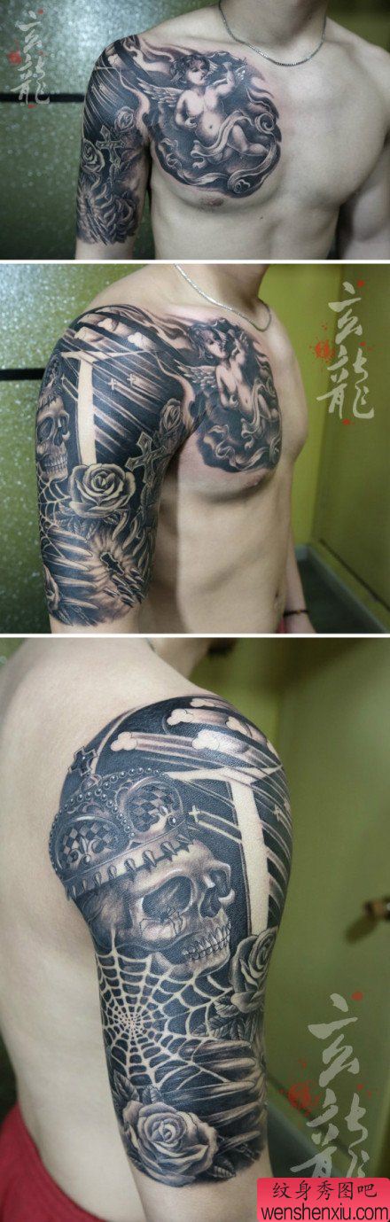 中国纹身作品欣赏：经典流行的欧美素描 半胛丘比特与骷髅纹身图案