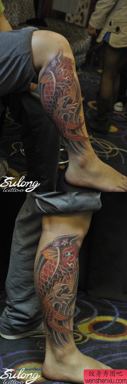 男性腿部经典的传统鲤鱼纹身图案