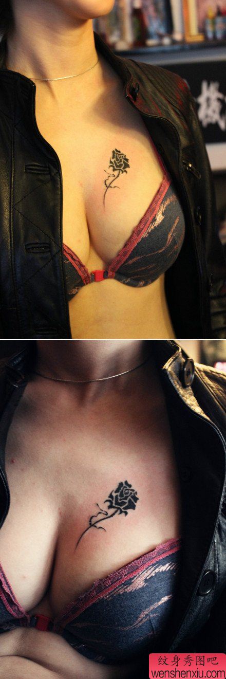 诱人的美女胸部图腾玫瑰花纹身图案