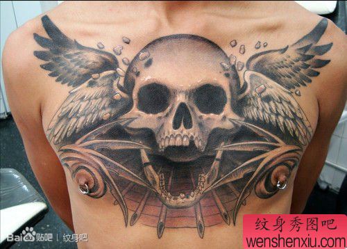 男性前胸超酷流行的骷髅纹身图案