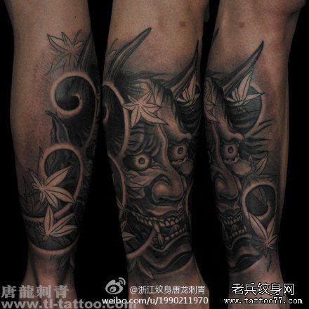 腿部经典流行的黑灰般若纹身图案