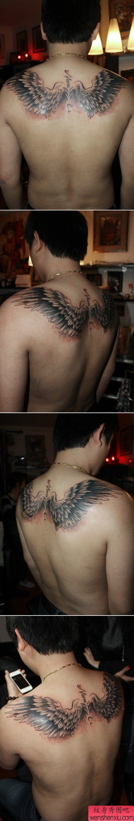 男性后背流行经典的守护天使翅膀纹身图案