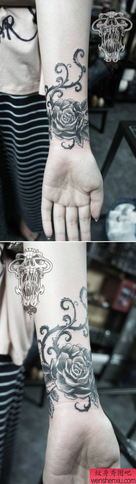 女生手臂精美流行玫瑰花纹身图案