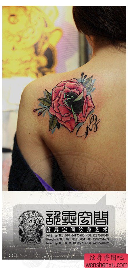 美女后肩背漂亮经典的玫瑰花纹身图案