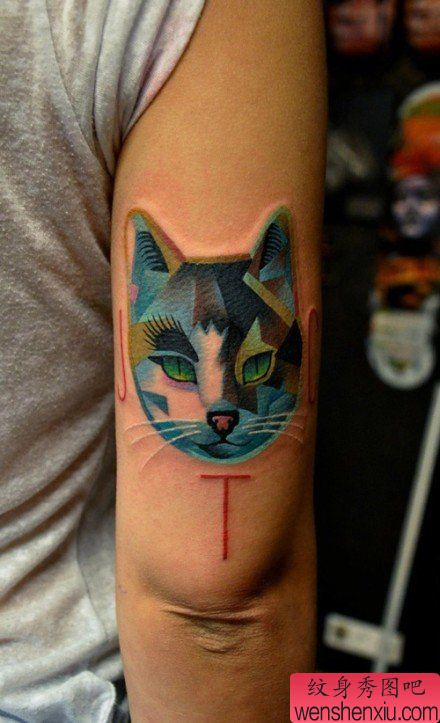 手臂一幅概念风格的猫咪纹身图案