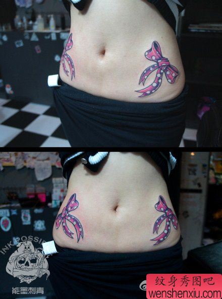 女生腹部流行漂亮的蝴蝶结纹身图案