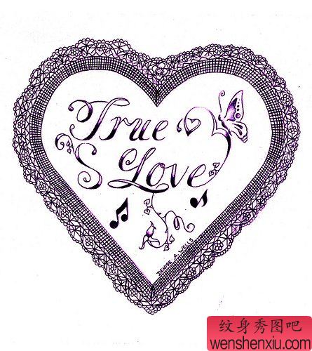 一幅唯美流行的蕾丝爱心纹身手稿