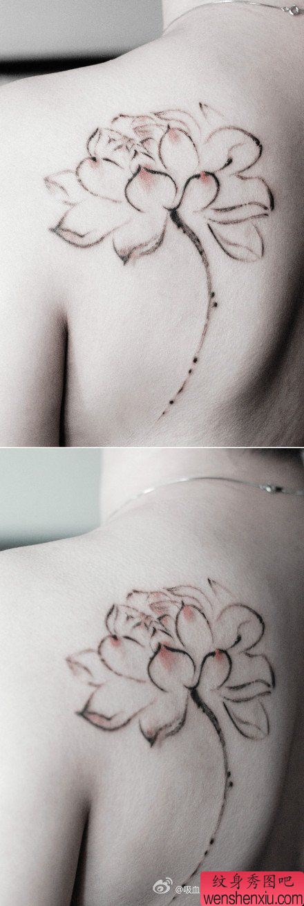 男性后背流行唯美的水墨莲花纹身图案