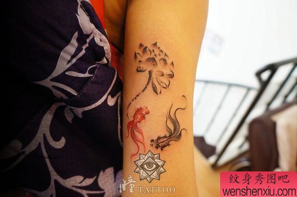 女生手臂唯美流行的水墨莲花小金鱼纹身图案