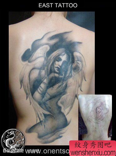 美女背部漂亮的天使纹身图案