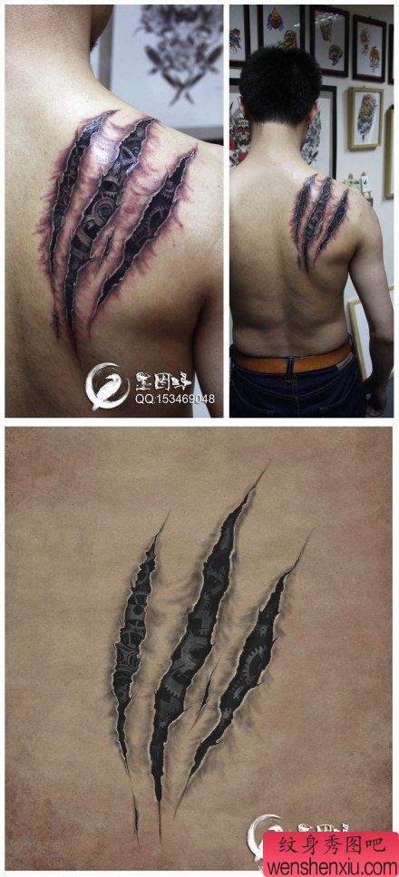 男性后背霸气超酷的撕皮与机械纹身图案