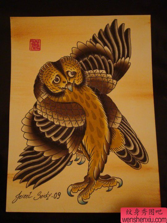 一幅帅气流行的old school猫头鹰纹身手稿
