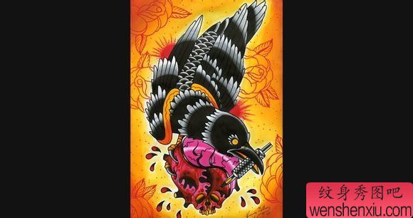 一幅流行经典的old school乌鸦纹身图案
