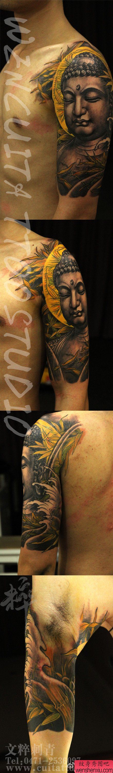 男性手臂帅气经典的佛头纹身图案