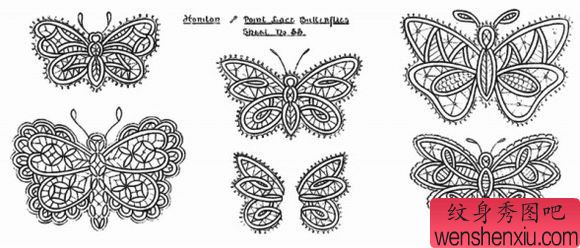 一组流行漂亮的蕾丝蝴蝶纹身手稿
