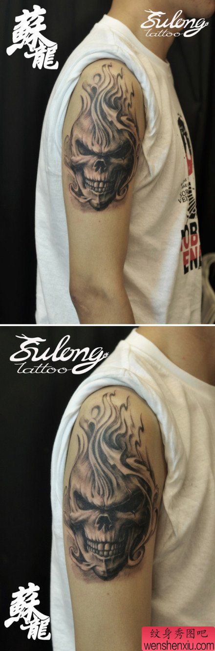 男性手臂流行帅气的黑灰骷髅纹身图案